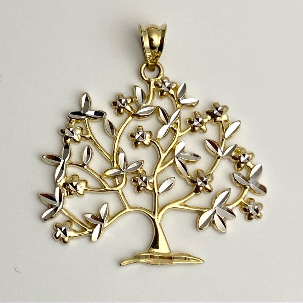 Solid 14k Gold Two Tone Family Tree Pendant Charm